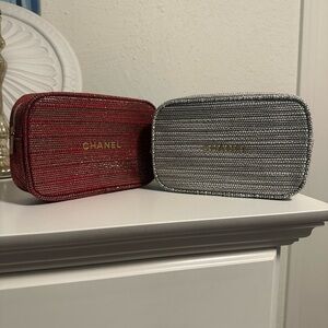 CHANEL Beauty Cosmetic Pouches Silver and Red Tweed